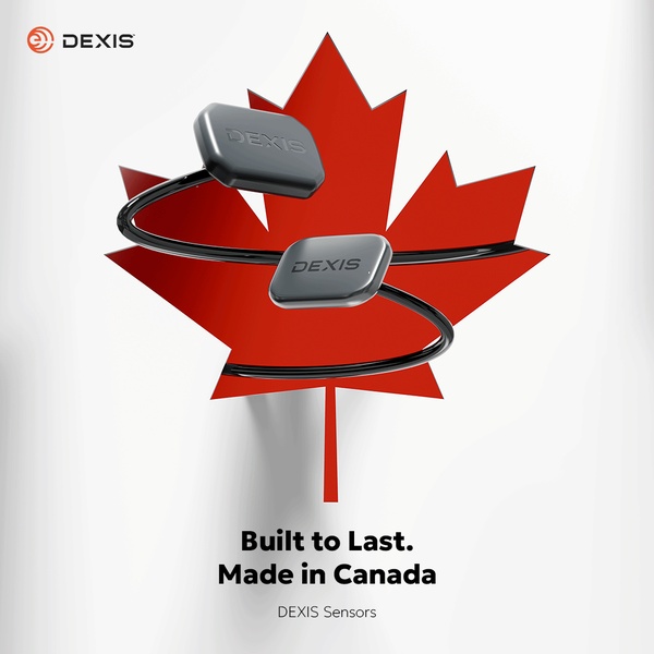 A minimalist studio shot of a dental sensor shaped into a maple leaf, emphasizing domestic manufacturing and durability.